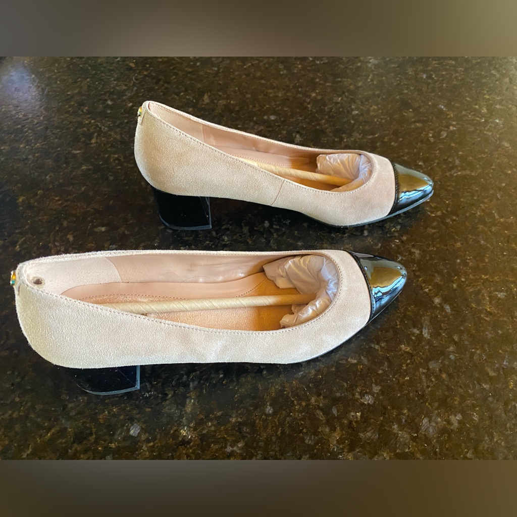 Cole Haan Beige Suede Pumps With Black Patent Toe And Heel